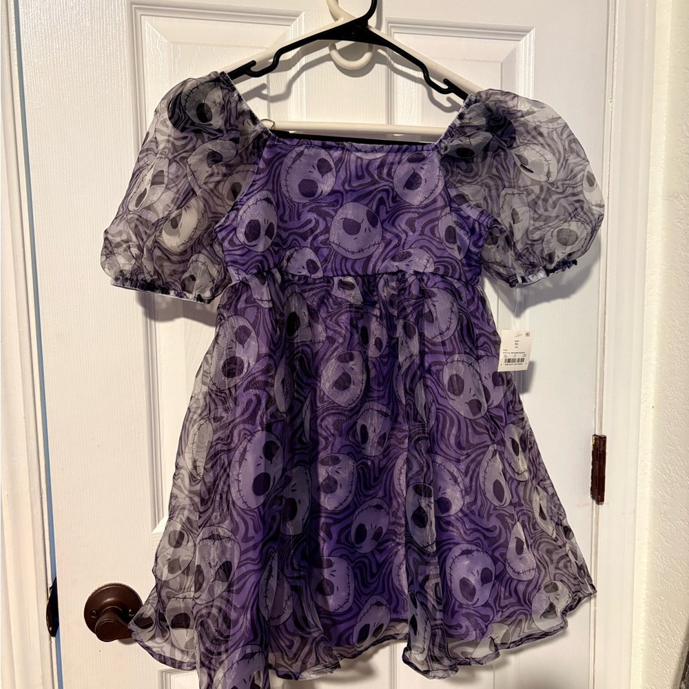 Purple Puff Sleeve Dress with Skull Pattern